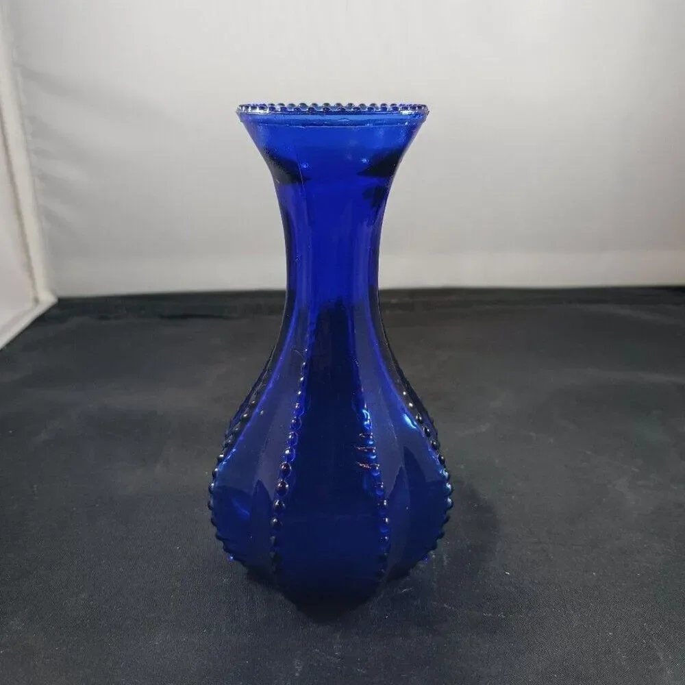 Vintage Indiana Glass Vase Beaded Edge Zipper 8 Sided Cobalt Blue 4 7/8